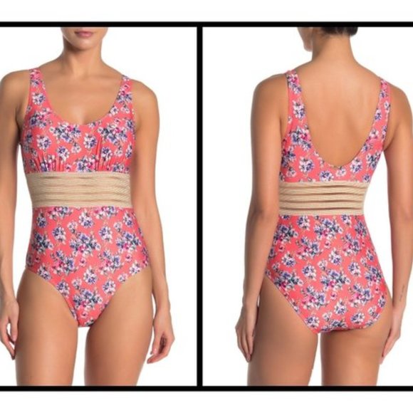 Nicole Miller Floral Coral Swimsuit with Lurex Trim - Picture 2 of 7